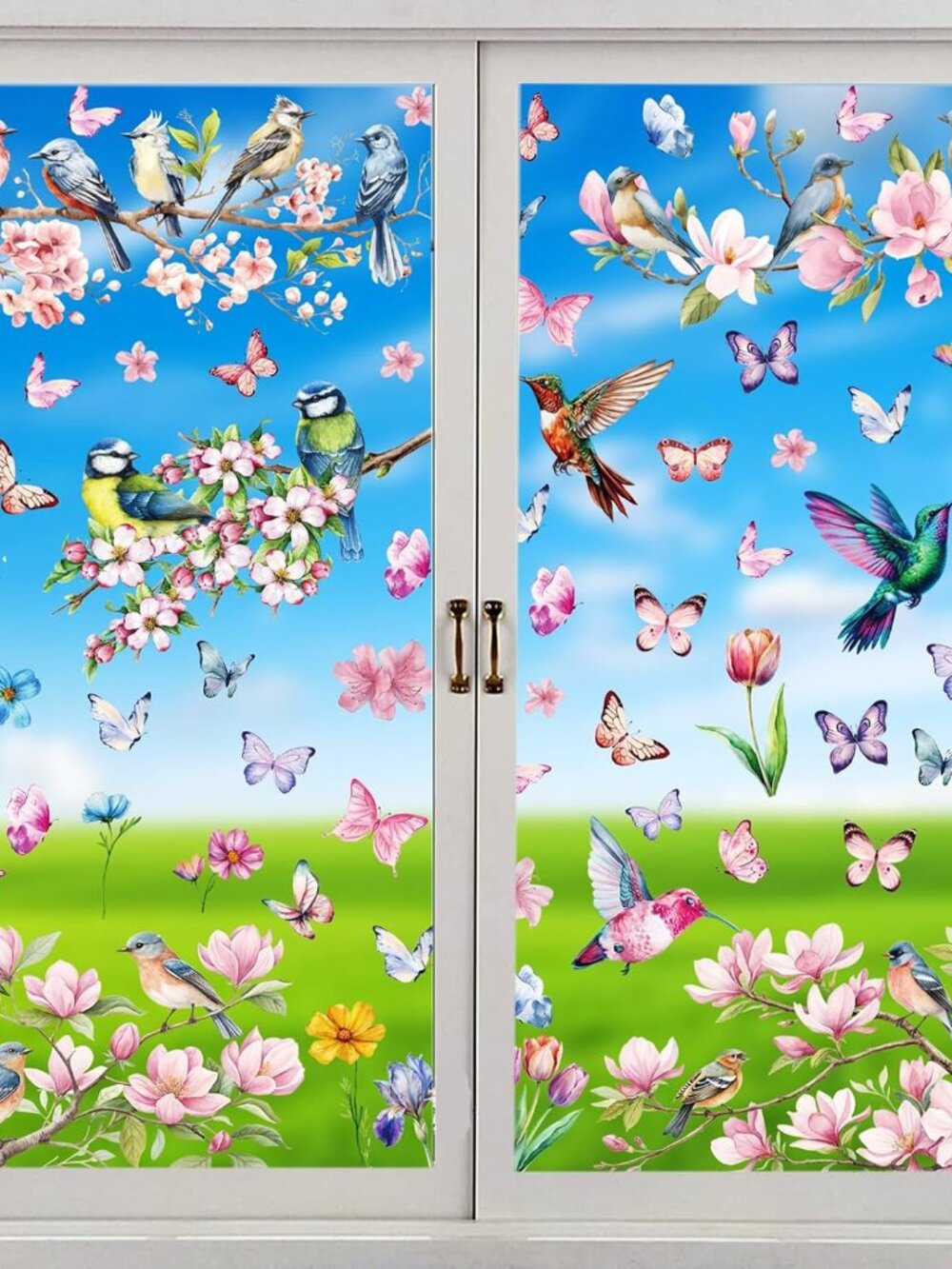 Spring Window Cling Sticker - 78PCS Tulip Butterfly Flower Hummingbirds Window D